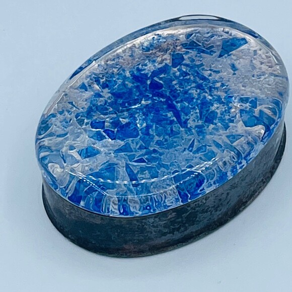 Vintage Oval Shaped Decorative Glass w/ Blue & Silver Accents Silver-Plated Base - Picture 1 of 11